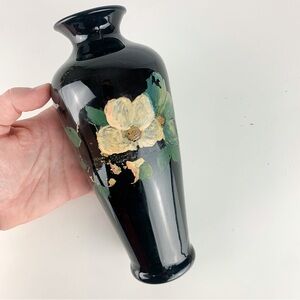 Vintage Hand Painted Floral Black Glass Bud Vase Romantic Flower Victorian Decor
